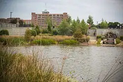 A color photograph of a park, with a pond in the foreground and a large brick building in the background