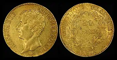 A 20-franc Napoléon from the latter part of 1803, also known as An 12. N.B. the French Revolutionary calendar began in September with the Revolution and therefore each Revolutionary year falls into two Gregorian calendar years.