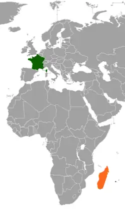 Map indicating locations of France and Madagascar