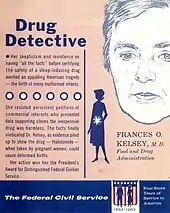 2-colour recruitment flyer for the US Federal Civil Service; titled "Drug Detective", it shows a line-drawing of Kelsey next to a summary of her actions regarding thalidomide