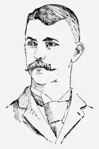 A black and white portrait illustration of a man with a mustache wearing a suit