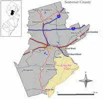 Location of Franklin Township in Somerset County highlighted in yellow (right). Inset map: Location of Somerset County in New Jersey highlighted in black (left).