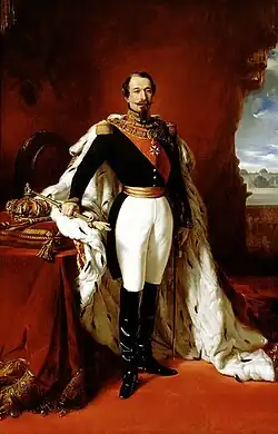 Portrait of Napoleon III in coronation robes, with the crown on the left