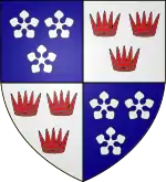 The Arms of Fraser of Lovat – Quarterly 1st & 4th Azure three fraises Argent 2nd & 3rd Argent three antique crowns Gules.