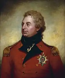 Painting of a heavy-set, clean-shaven man with a cleft chin. He wears a red military uniform.