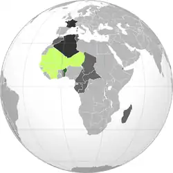 Dark green: French DahomeyLime: Rest of French West AfricaDark gray: Other French possessionsDarkest gray: French Third Republic