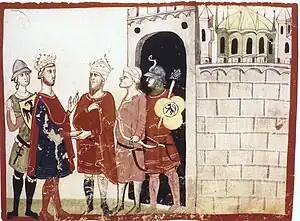 Manuscript illumination of five men outside a fortress