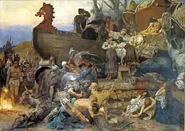 Ship burial of a Rus' chieftain as described by the Arab traveler Ahmad ibn Fadlan, who visited north-eastern Europe in the 10th century.Henryk Siemiradzki (1883)