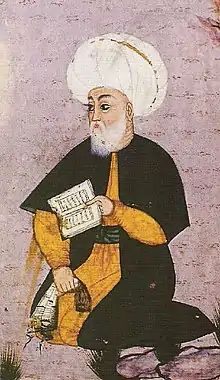 A painting of Fuzuli with a white beard, wearing a red coat with fur trim, holding a book