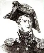 Print depicts a man in a dark military coat with large epaulettes. He wears a bicorne hat side-to-side and cocked at an angle.