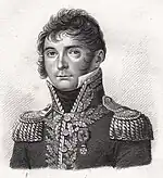 Black and white print shows a clean-shaven man with long sideburns. He wears the high collared and dark uniform of a French general officer of the early 1800s.