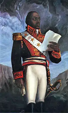 Haitian revolutionary leader Toussaint Louverture, wears a four-starred general-in-chief's uniform with epaulettes.