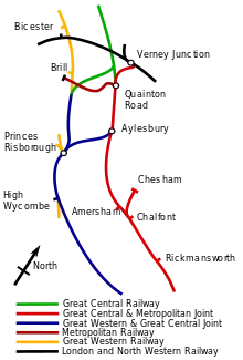 A map shows the joint Great Western route parallel to the Met's Route. A joint railway links the two at Aylesbury; a Great Central Railway links the two before Brill.