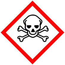 A hazard symbol depicting a human skull in front of two bones crossing between one another.