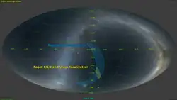 Map of the entire sky using the Mollweide projection, showing two areas corresponding to the localization of an event using only the 2 LIGO detectors, and using both LIGO and Virgo. The area with the 3 detectors is smaller by a factor 20.