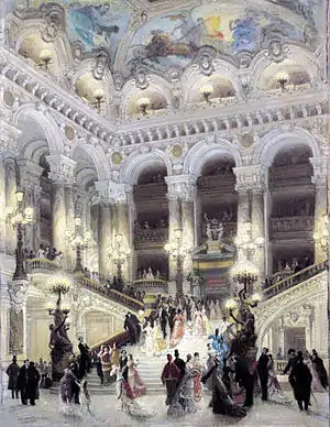 The grand stairway of the Paris Opera, designed by Charles Garnier, in the style he called simply "Napoleon III"