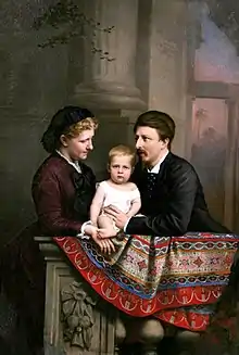 Isabel, Princess Imperial of Brazil (in dark purple dress) with her husband Prince Gaston and their son, the Prince of Grão-Pará at purple dusk  (1877)