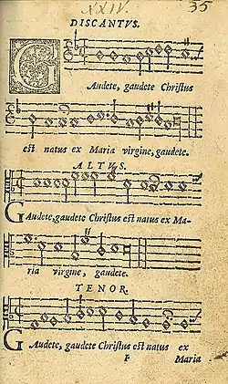 The first page of "Gaudete" (Latin for "rejoice"), a sacred Christmas carol published in Piae Cantiones (1582). This songbook had mostly religious songs, some which were mixed language with both Latin and Swedish.