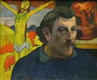 Self-portrait with the Yellow Christ (Autoportrait au Christ jaune), 1890–1891, by Paul Gauguin, oil on canvas, 38 x 46 cm, Musée d'Orsay, Paris, depicts the painting reversed, "mirrored".