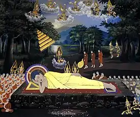 A mural of Gautama Buddha gaining nirvana; Wat Botum