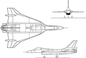 Orthographically projected diagram of an F-16XL