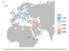 FST values showing the genetic distances of  HVR-1 (mtDNA) between 90 ancient Egyptians and modern populations. Blue values depict higher genetic distances, red values depict lower genetic distances between the ancient Egyptian population and modern populations in the respective area.