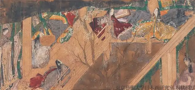 In the late Heian period, the jūnihitoe consisted of many layers (hitoe) worn over a plain kosode and hakama (The Tale of Genji, 12th century).