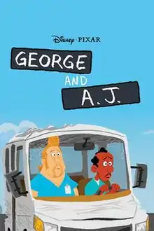 The title screen from the Pixar short animated film "George and A.J." Against a blue background, there are nursing home-style nametags with the duo's pictures on them, including their names. George is on the left. He is an African-American man with a thin moustache and a balding head. A.J. is a big hefty or overweight man with blonde hair and a mullet.