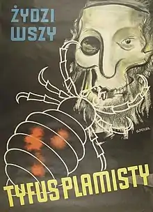 Poster with the image of a skull and an insect, with Polish text