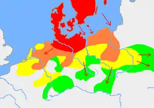 Germanic tribes in Europe in AD 1:  Settlements before 750 BC   New settlements after 750 BC until 1 AD   New settlements until 100 AD   New settlements after 100 AD