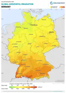 Map of average solar radiation in Germany. For most of the country annual average values are in between 1100 and 1300 kWh per square metre.