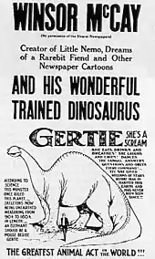 Black-and-white poster announcing "Winsor McCay and his Wonderful Trained Dinosaur Gertie". A drawing of a long-necked dinosaur appears below the verbose copy at the top.