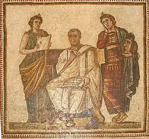 Mosaic of Virgil seated between Clio and Melpomene (from Hadrumetum Sousse). CE 3rd century.