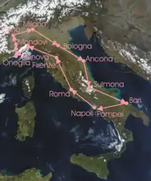 Overview of the stages:
route clockwise from Rome, up to Turin, down to Bari, and up to Rome