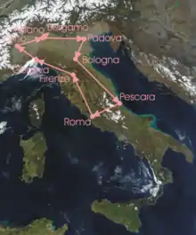 Overview of the stages: route clockwise from Milan, down 
to Pescara, over to Rome, and up to Bergamo