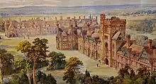 Watercolour Perspective of Girton College, painted by Waterhouse in 1887, at this date the buildings on the right with the gate-tower were under construction