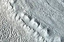 Enlargement of area in rectangle of the previous image. On Earth the ridge would be called the terminal moraine of an alpine glacier. Picture taken with HiRISE under the HiWish program.  Image from Ismenius Lacus quadrangle.