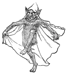 An illustration of a small, hairy mischievous-looking humanoid creature with large, bat-like ears wearing a hooded cloak.