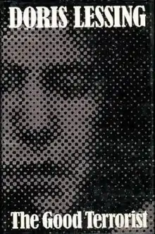 Front cover of the first UK edition of The Good Terrorist showing the author's name and book title, and a heavily pixelated picture of a woman's face