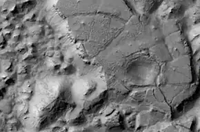 Gorgonum Chaos as seen by Mars Reconnaissance Orbiter HiRISE. Image is 4 km wide.  Image in Phaethontis quadrangle.