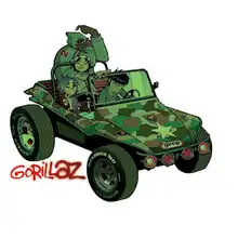 The members of Gorillaz (Murdoc, 2D, Noodle and Russel) are riding on a Camouflage colored Buggy with Murdoc driving the vehicle and 2D sitting in the front next to him. Noodle is seen holding the bar on the front windshield while Russle, hooded, is at the back. The hood of the vehicle reads "geep".