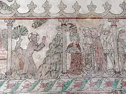 Medieval mural showing two scenes. One scene shows Jesus praying in the garden, with details as described in the text. The second scene illustrates the capture of Christ by soldiers.