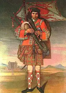 Stylized bagpiper in green-and-red tartan kilt, red-and-white tartan hose, red embroidered coat, dark bonnet with red cockade, and an armorial banner blowing behind him