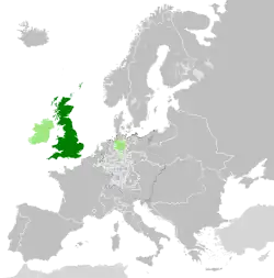 Great Britain in 1789; Kingdom of Ireland, The Isle of Man and Electorate of Hanover in light green