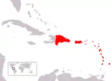 A map showing most of the Lesser Antilles in yellow. Puerto Rico and the Dominican Republic are pink