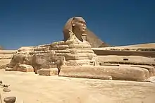 Great Sphinx of Giza, c. 2558–2532 BC, the largest monolithic statue in the world, standing 73.5 metres (241 ft) long, 6 metres (20 ft) wide, and 20.22 m (66.34 ft) high. Giza, Egypt.