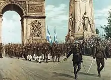 Military formation in the World War I Victory Parade in Arc de Triomphe, Paris