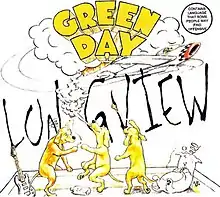 The cover depicts three dogs smoking what could be marijuana. One of them is seen throwing something. The Green Day logo with the plane and smoke, can be seen above.