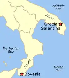 Grecìa Salentina and Bovesia within Southern Italy