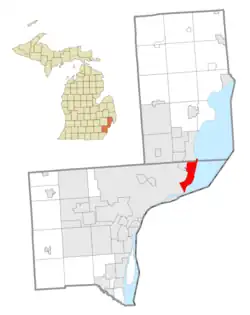 Cities that are included as part of the Grosse Pointe area within Wayne County (bottom) and Macomb County (top)